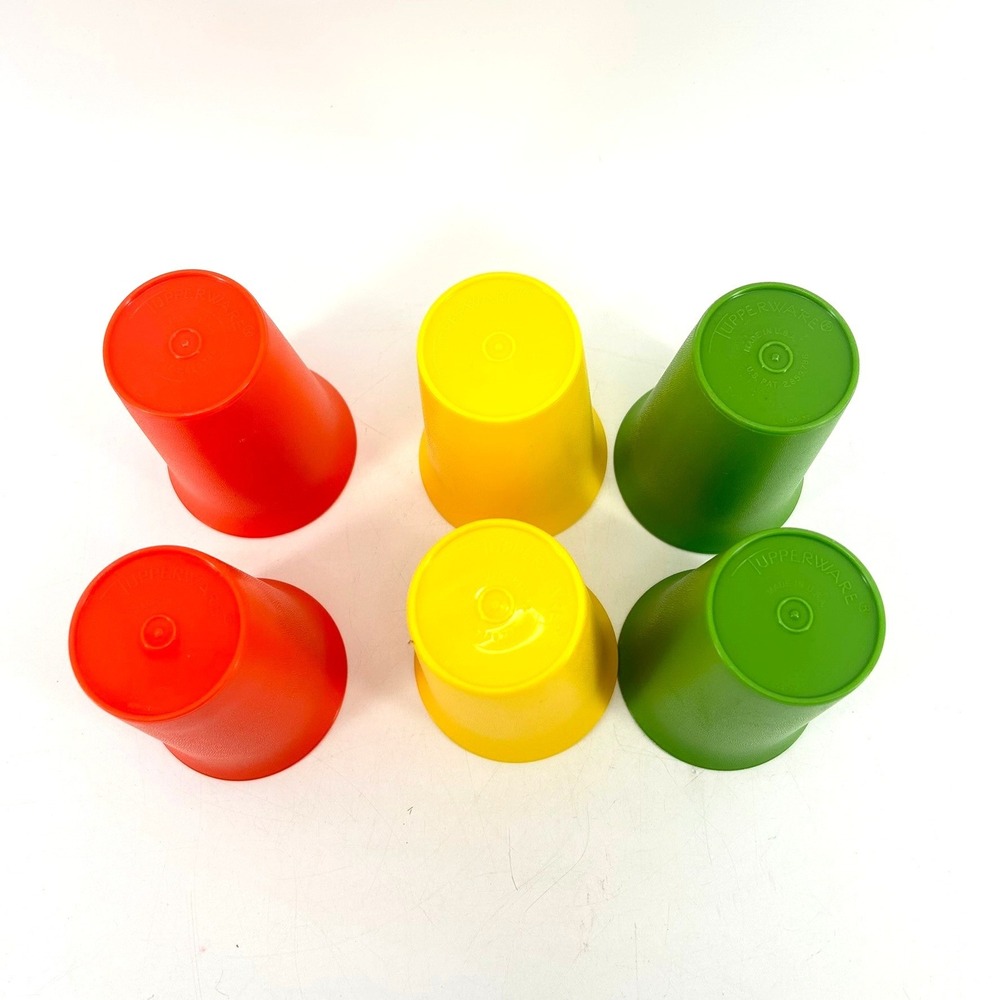 Vtg Tupperware Primary Colors Plastic Tumblers Cups Set of 6 Orange Yellow Green - Picture 4 of 5